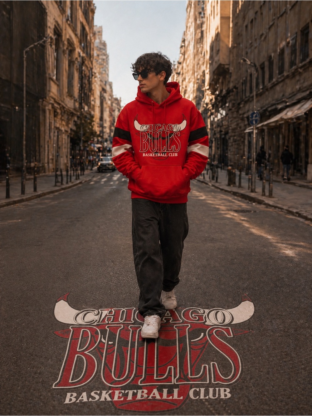 NBA Red Hooded Chicago Bulls Pullover with Black & White Stripes